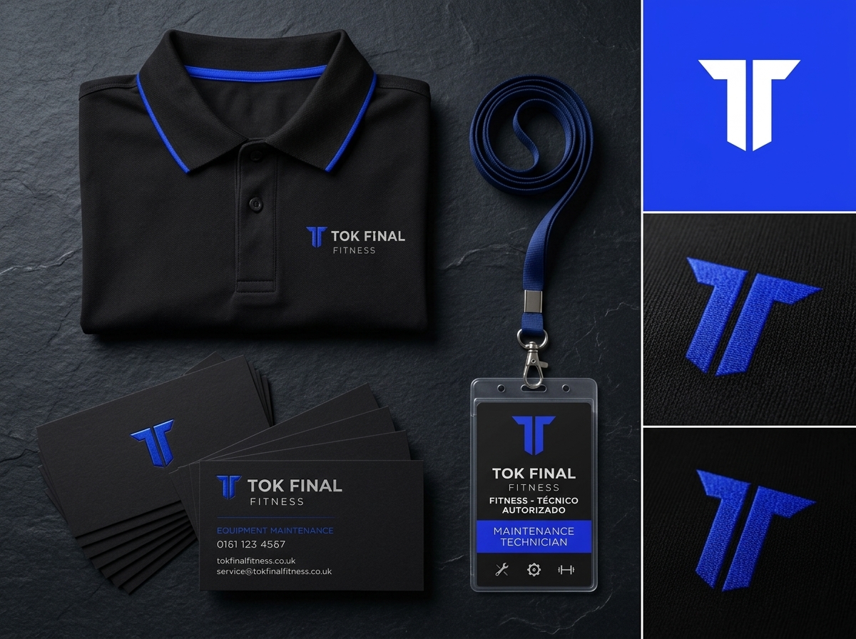 Mockup da identidade visual corporativa da Tok Final Fitness: camisa polo com bordado, crachá de identificação e cartões de visita