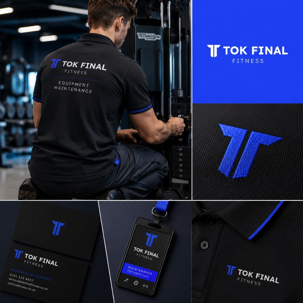 Técnico da Tok Final Fitness uniformizado realizando manutenção mecânica em aparelho Technogym