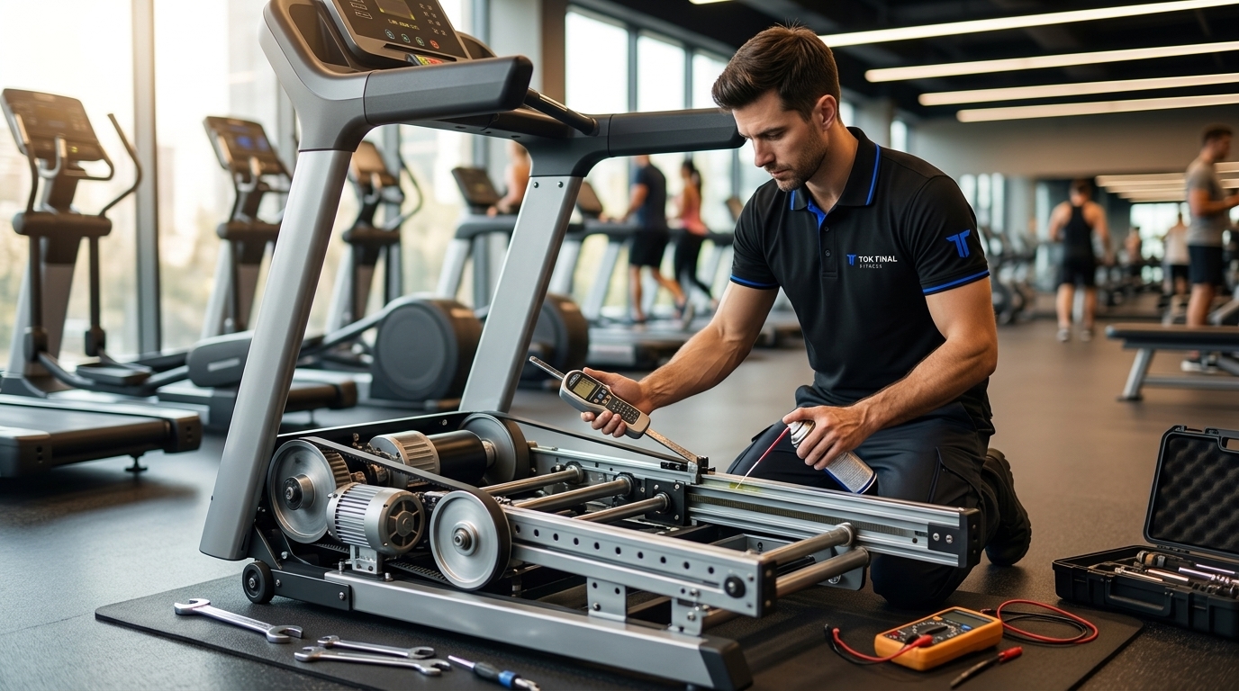 Técnico da Tok Final Fitness realizando calibração e manutenção em esteira ergométrica